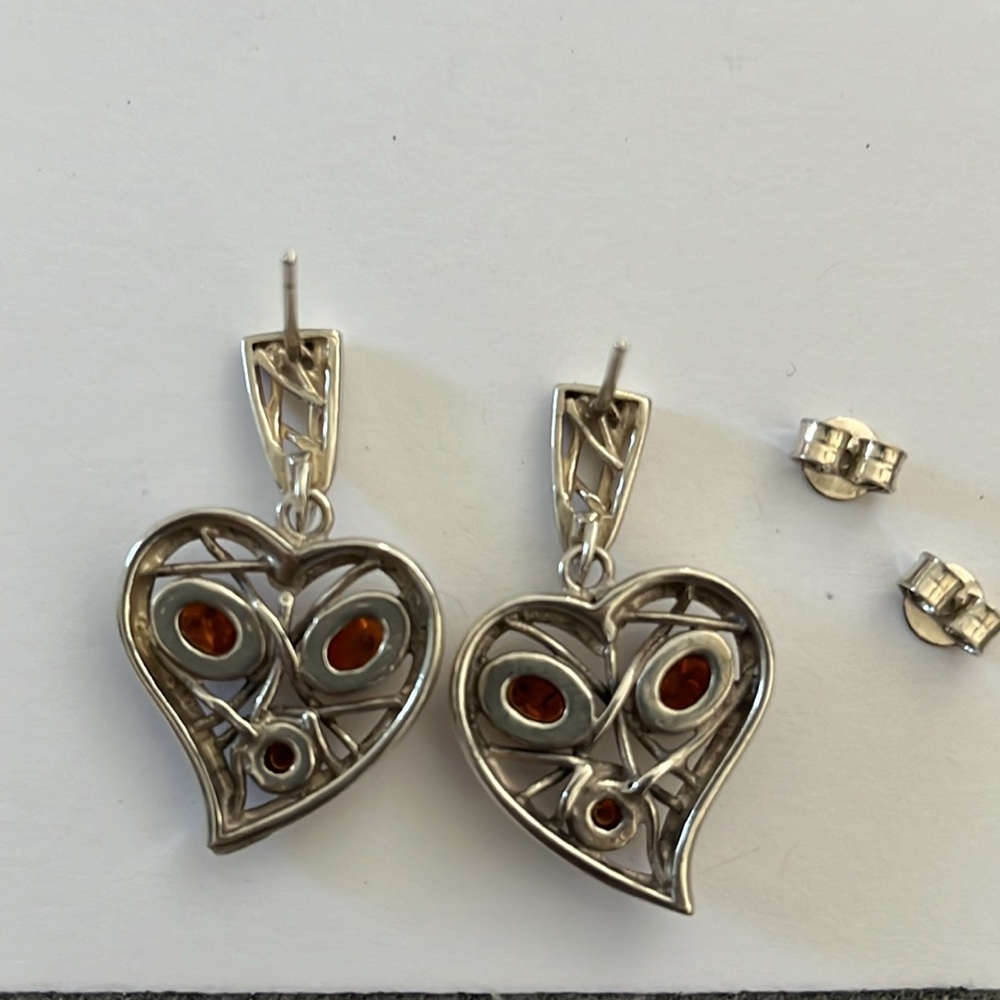 Sterling Amber Heart Earrings - Picture 3 of 6